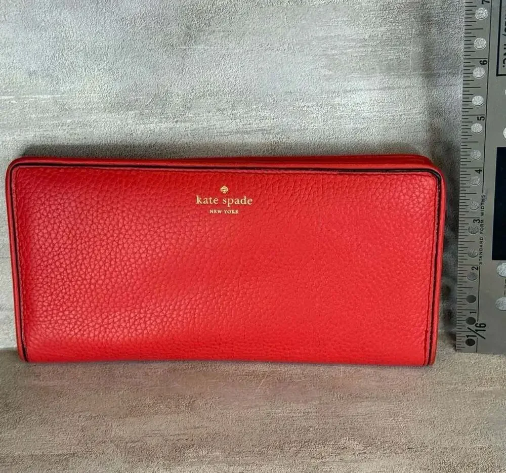 Kate‎ Spade New York Bright Red Pebble Leather Bifold Long Wallet